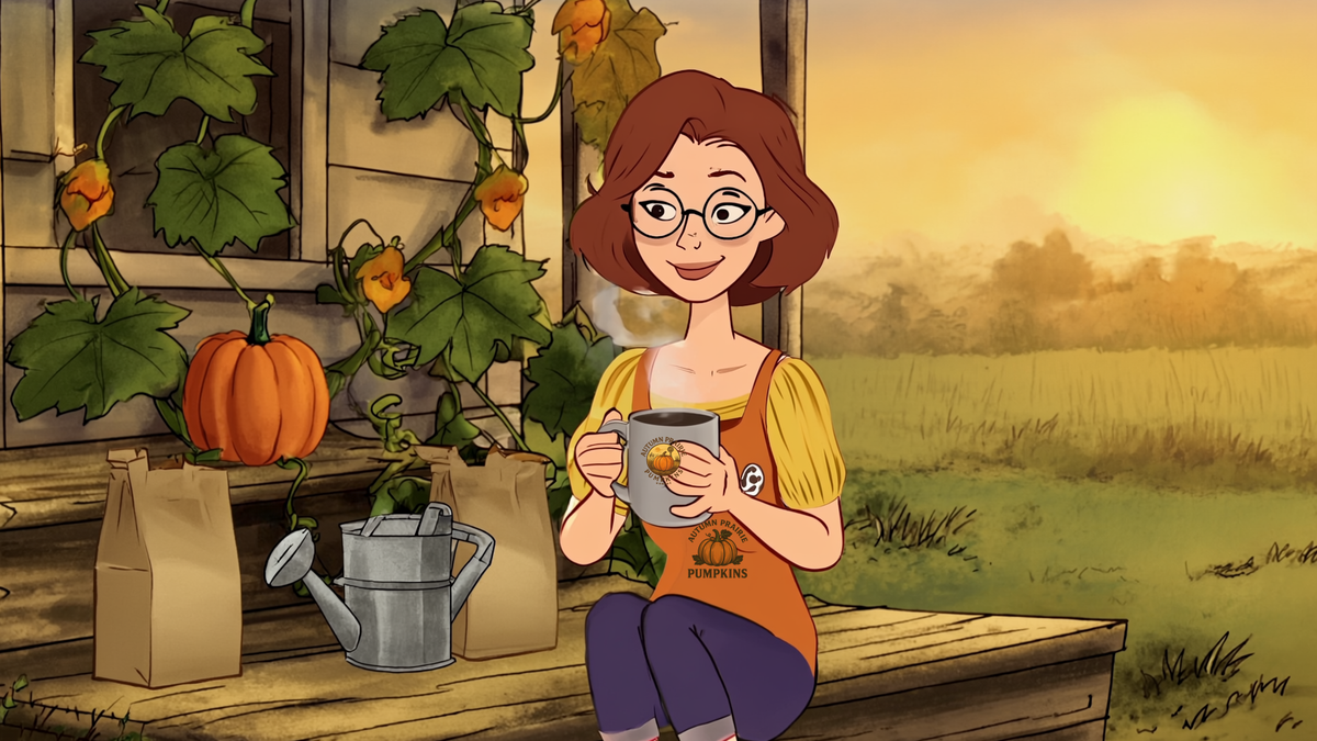 Maggie the Autumn Prairie Pumpkins gardener enjoying coffee at sunrise beside pumpkin vines, dark roast vs light roast