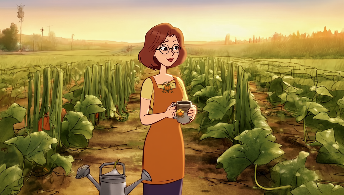Maggie of Autumn Prairie Pumpkins holding a mug at the edge of a Kansas pumpkin patch on a golden late-June summer evening