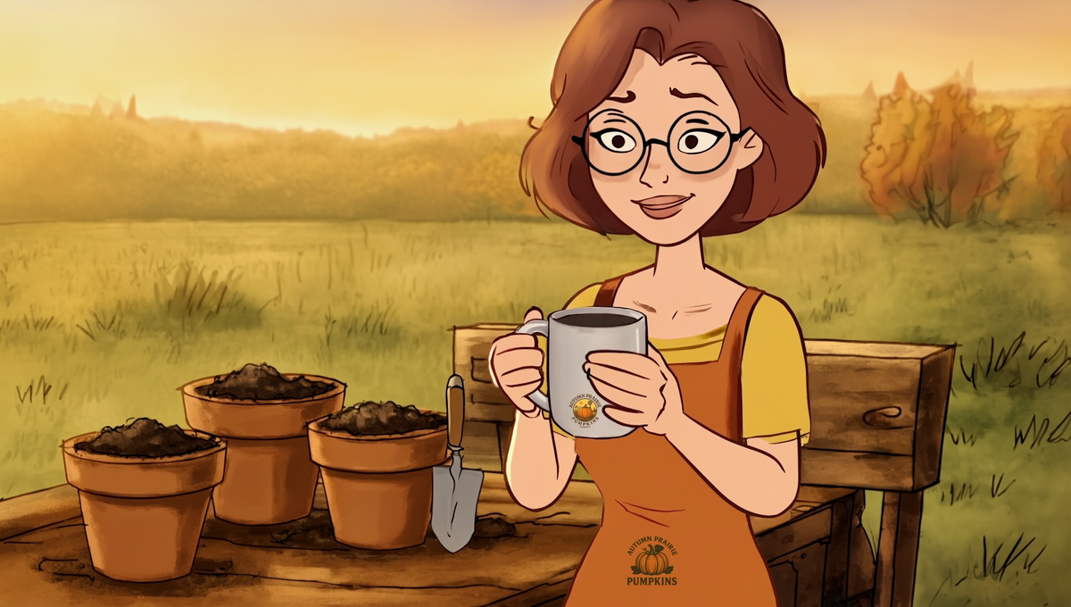Maggie holding a mug of Autumn Prairie Pumpkins coffee beside terracotta pots of potting soil on a Kansas prairie potting bench