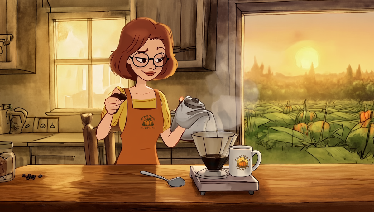 Maggie brewing pour over coffee on a kitchen scale with an Autumn Prairie Pumpkins mug, pumpkin patch at sunrise through the window