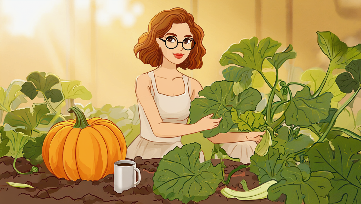 Illustrated woman with auburn hair and round glasses inspecting a pumpkin leaf in a garden at golden hour - plant health morning routine - Kansas garden