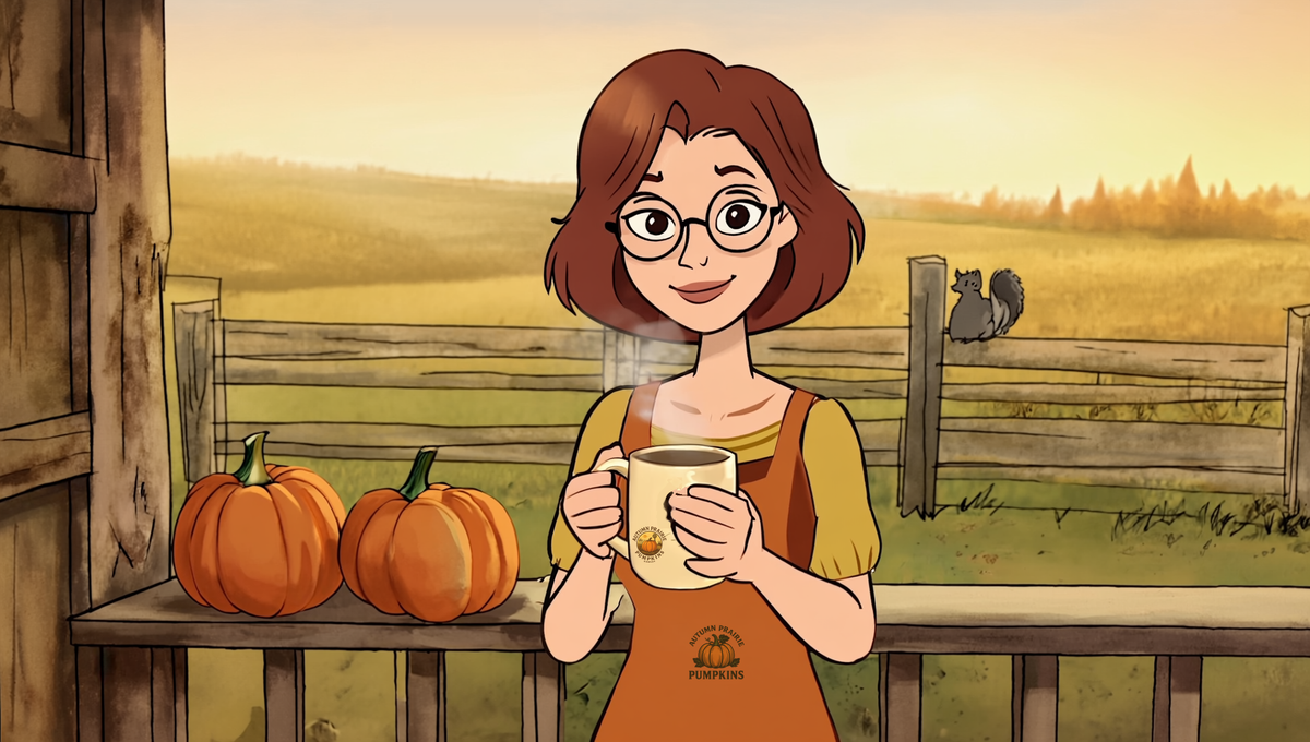 Maggie holds a steaming mug of coffee on a Kansas farmhouse porch beside two pumpkins, a gray squirrel watching from the fence post