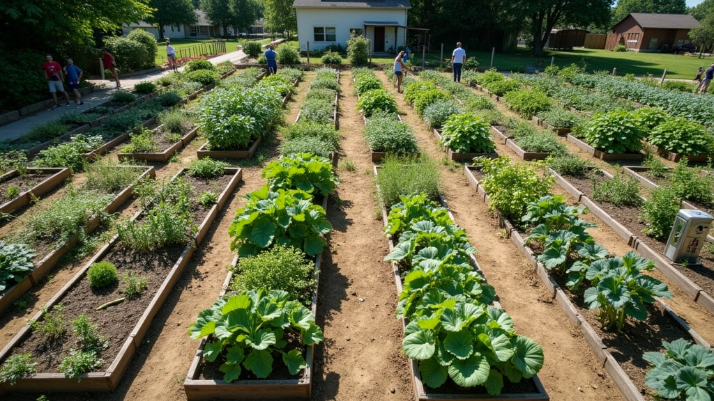 Community garden with raised beds and squash plants - Autumn Prairie Pumpkins