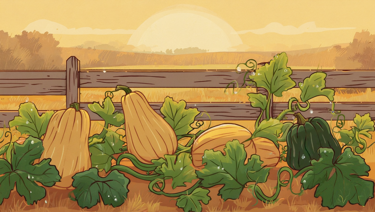 Heirloom Cucurbita moschata squash ripening on the vine along a weathered wooden fence in a Kansas pumpkin patch at sunrise