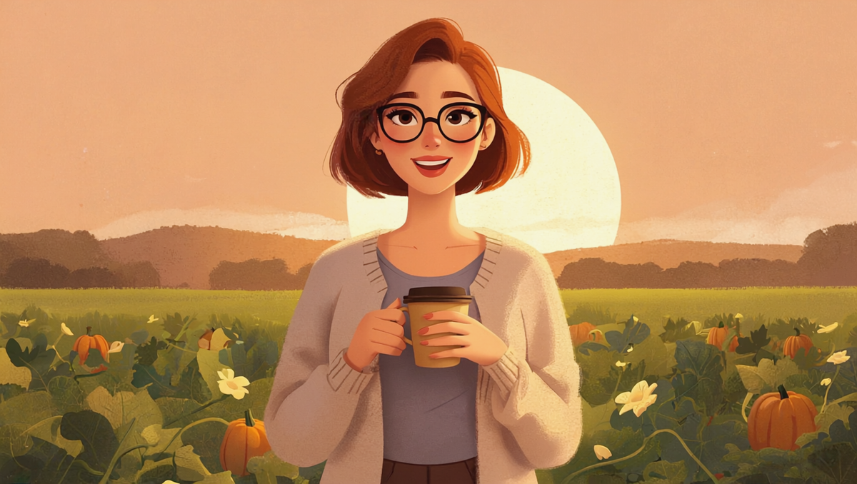 Illustrated woman with auburn hair and round glasses standing at the edge of a Kansas pumpkin patch at dawn under a low golden June strawberry moon, coffee in hand