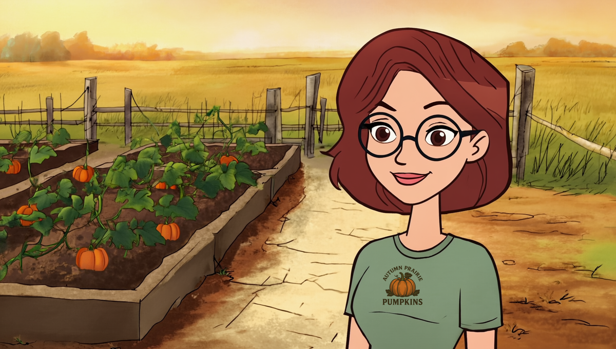 Kansas gardener beside raised rows of dark amended soil with pumpkin vines and a cracked clay path, prairie horizon behind, 2D illustration