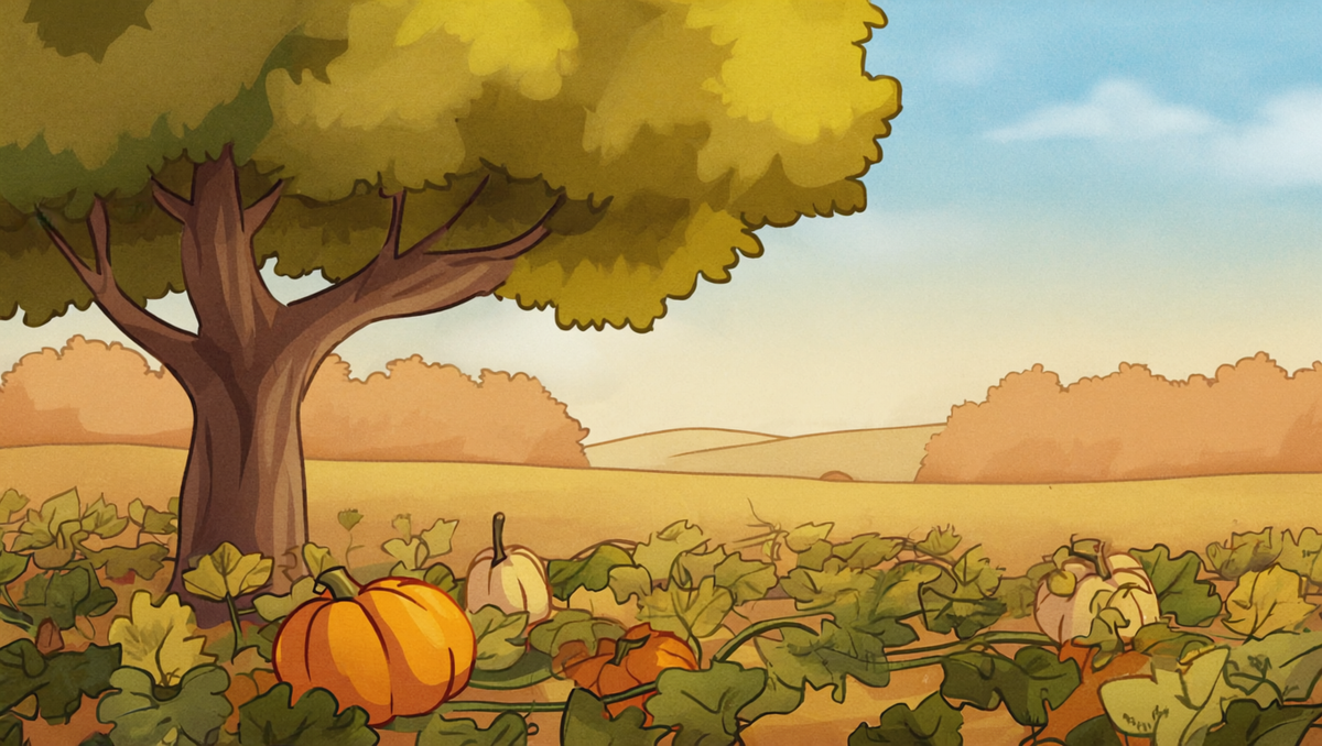 Autumn pumpkin patch at sunrise with a large shade tree casting a long shadow over the nearest vines while the rest of the patch lies in open sun - do pumpkins need full sun - Kansas heirloom pumpkins