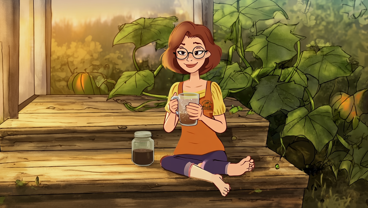 Illustration of a gardener on a porch step with a glass of iced coffee and a jar of cold brew beside a Kansas pumpkin patch
