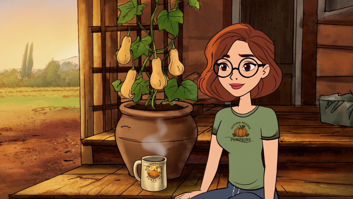 Maggie sitting on a wooden porch step beside a container-grown mini butternut squash vine climbing a trellis, with a mug of coffee, on a Kansas summer morning