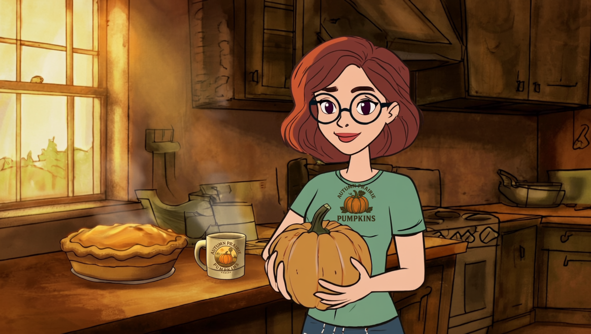 Maggie holding a freshly harvested tan heirloom pumpkin in a farmhouse kitchen with a baked pumpkin pie and coffee mug - why homegrown pumpkins taste better - Autumn Prairie Pumpkins