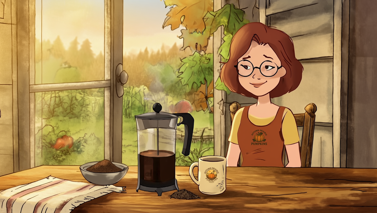 Maggie at a farmhouse kitchen table with a French press of dark coffee and a mug, Kansas garden through the window