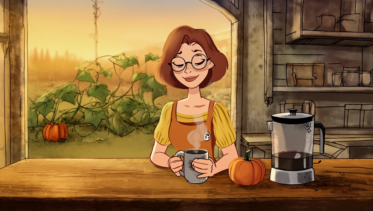 Maggie cradling a warm mug of coffee at a sunny farmhouse kitchen window with pumpkin vines and a sunrise outside