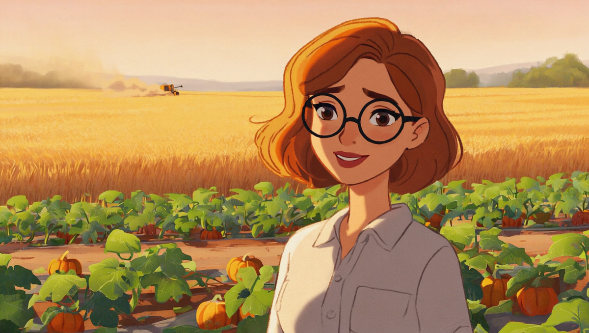 Illustrated gardener standing at the edge of her pumpkin patch watching a combine harvest golden Kansas wheat on the horizon