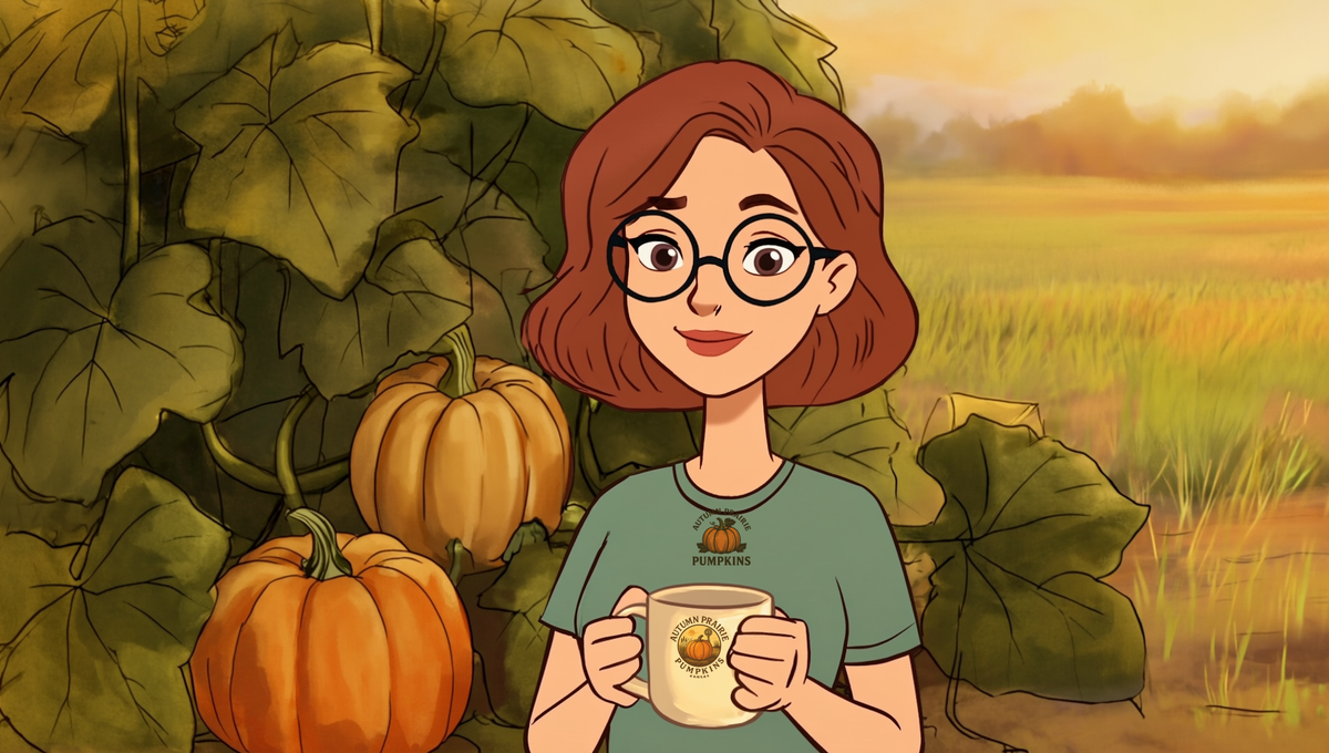 Maggie holding a mug of coffee in the September pumpkin patch at Autumn Prairie Pumpkins in Newton, Kansas, with ripening pumpkins on the vine behind her