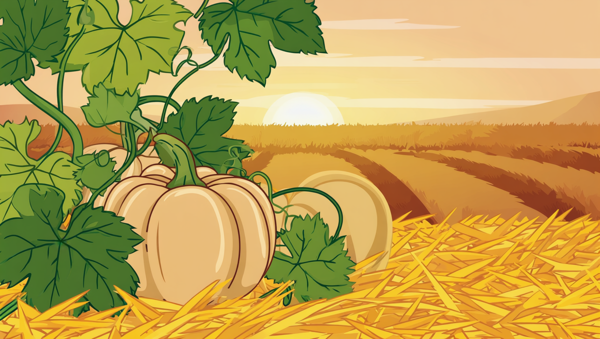 Flat illustration of two tan heirloom pumpkins resting on a bed of golden straw in a Kansas patch at sunset, one tipped to show its pale cream underside, thick green stem and vine visible
