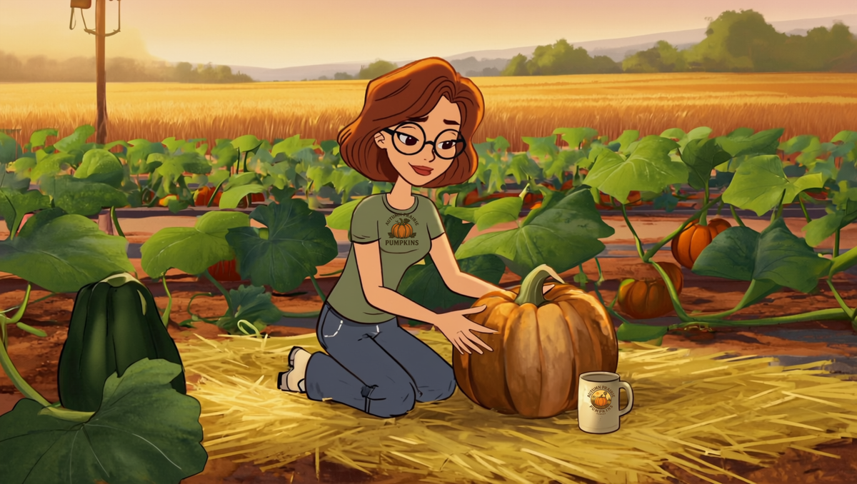 Maggie kneeling in a Kansas pumpkin patch on a July morning, tilting a ripening heirloom pumpkin to check whether it is ripe