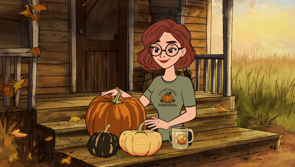 Illustrated gardener arranging heirloom pumpkins for a fall front porch display, ribbed bronze, tan cheese, and dark warty varieties on farmhouse steps