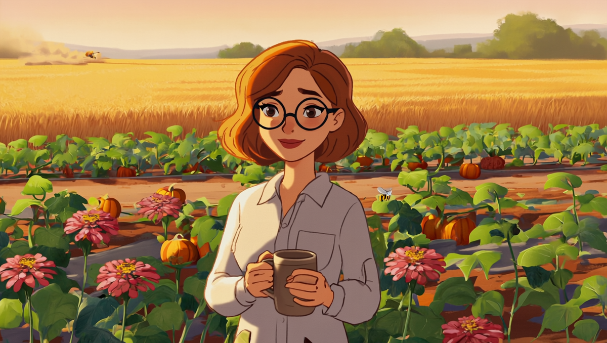 Illustrated woman with auburn hair and round glasses holding a plain mug in a sunlit June pumpkin patch with honey bees and blooming zinnias during Pollinator Week