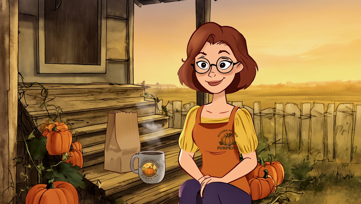 Maggie from Autumn Prairie Pumpkins sitting on a porch step at sunrise with a steaming mug of small batch coffee and a kraft coffee bag