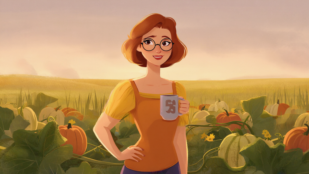 Illustration of a woman with auburn hair and round glasses holding a coffee mug in a Kansas pumpkin patch in the long golden light before the summer solstice