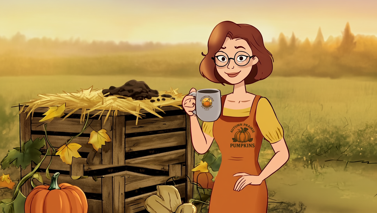 Maggie holding a plain mug of coffee beside a straw-topped wooden compost bin with coffee grounds, pumpkin vines and a Kansas field at sunrise