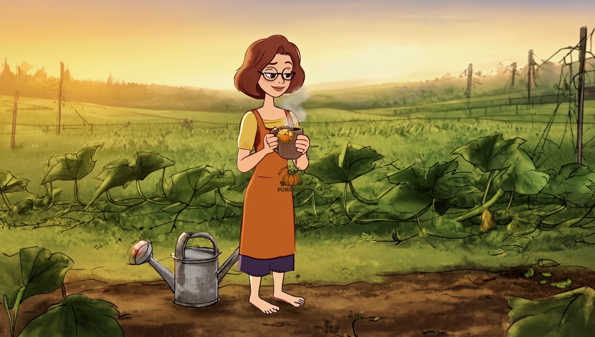 Maggie of Autumn Prairie Pumpkins holding a coffee mug at the edge of a late-June Kansas pumpkin patch at sunrise
