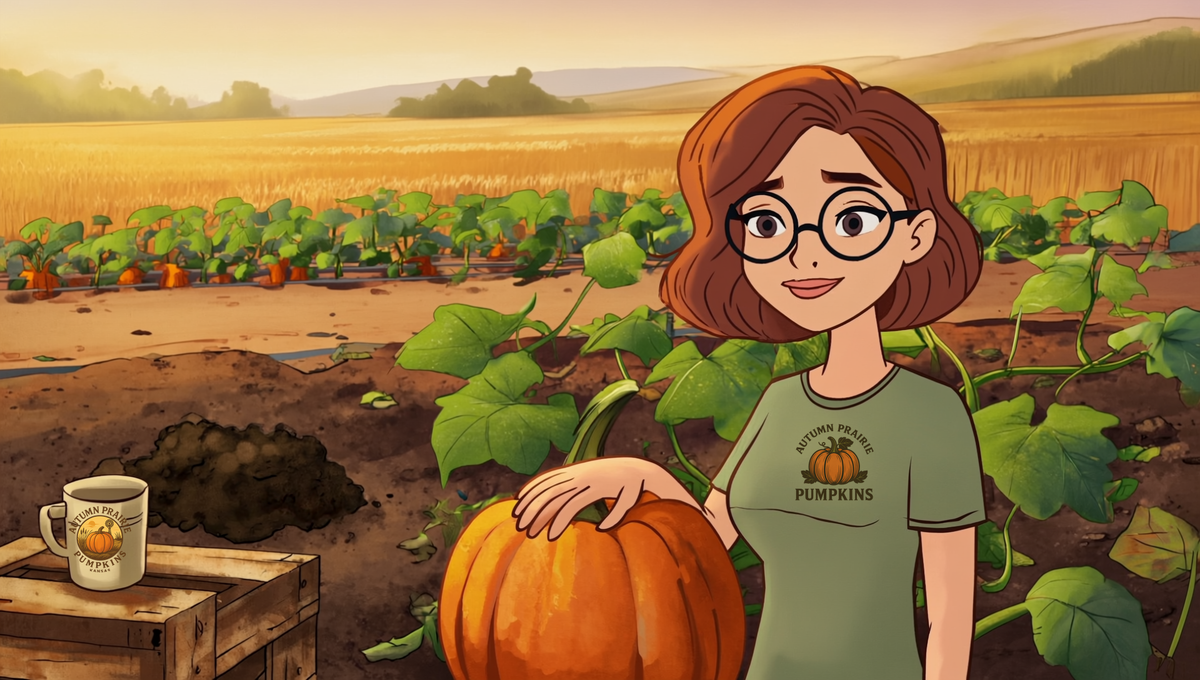 Cartoon illustration of Maggie resting a hand on a ripening orange pumpkin beside a compost pile in a late August Kansas pumpkin patch, Autumn Prairie Pumpkins mug on a wooden crate nearby