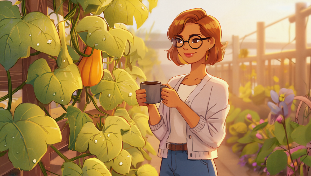 Woman with auburn hair and glasses tending a spring garden at golden hour - pumpkin vines climbing a fence post, coffee in hand