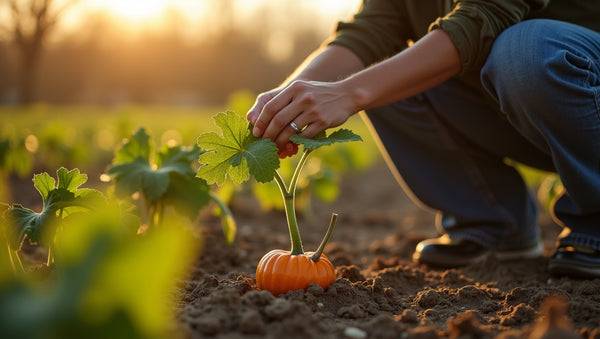 Person tending a spring pumpkin garden on the Kansas prairie - Autumn Prairie Pumpkins