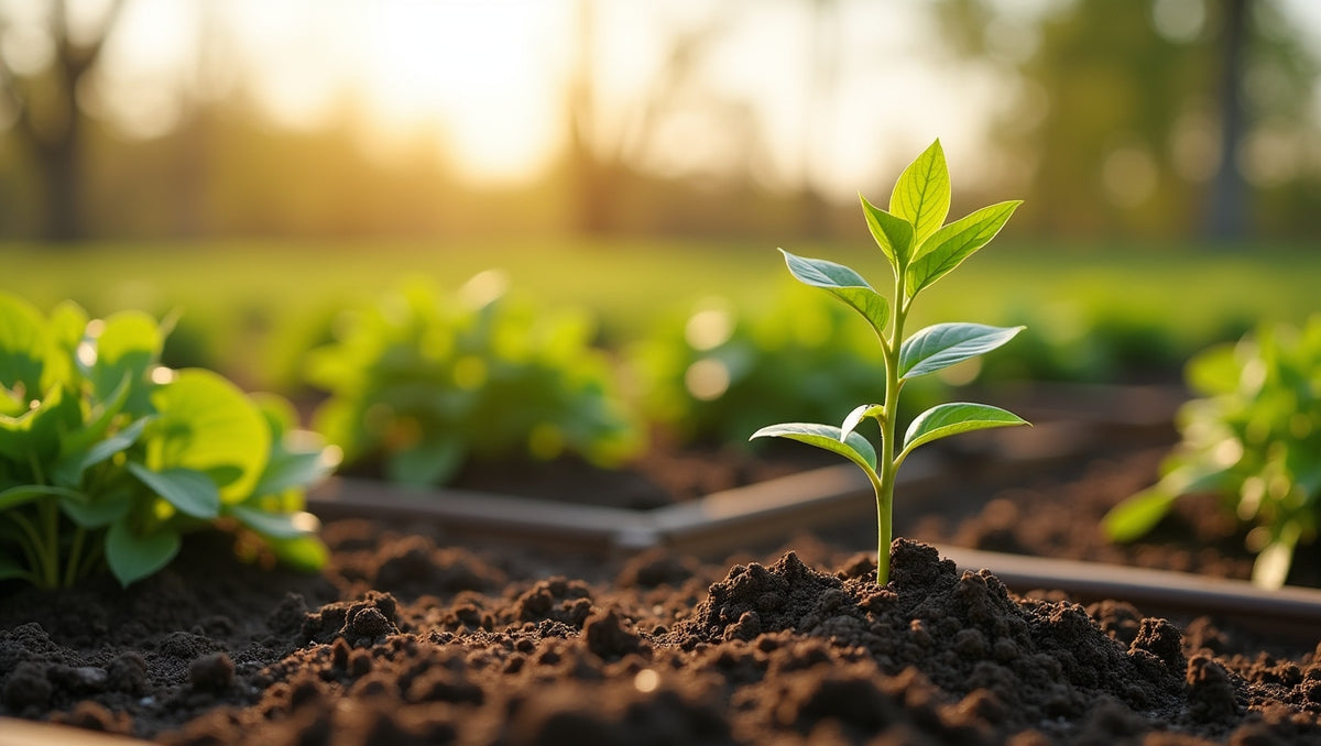 Young tree sapling beside a kitchen garden at dawn on a Kansas prairie farmstead, Arbor Day planting