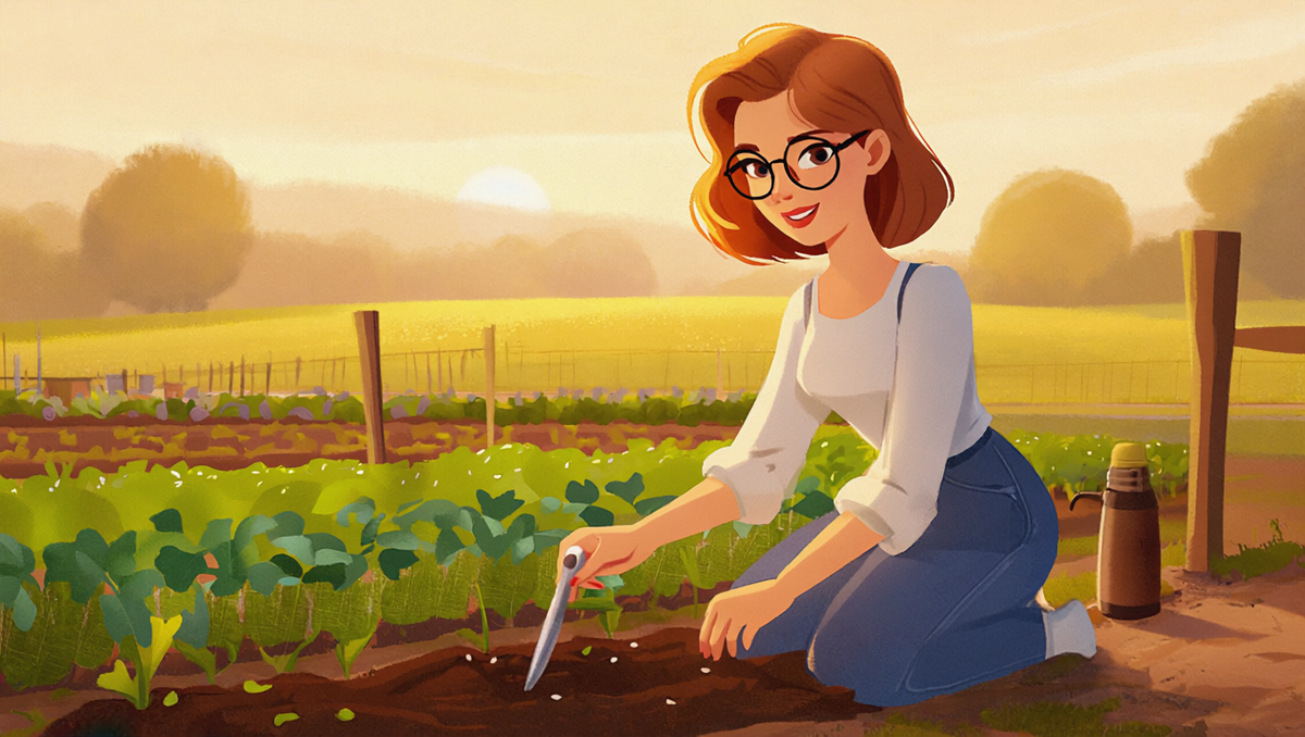 Illustrated woman with auburn hair pressing heirloom seeds into a Kansas garden on Memorial Day morning, golden light, coffee thermos on fence post