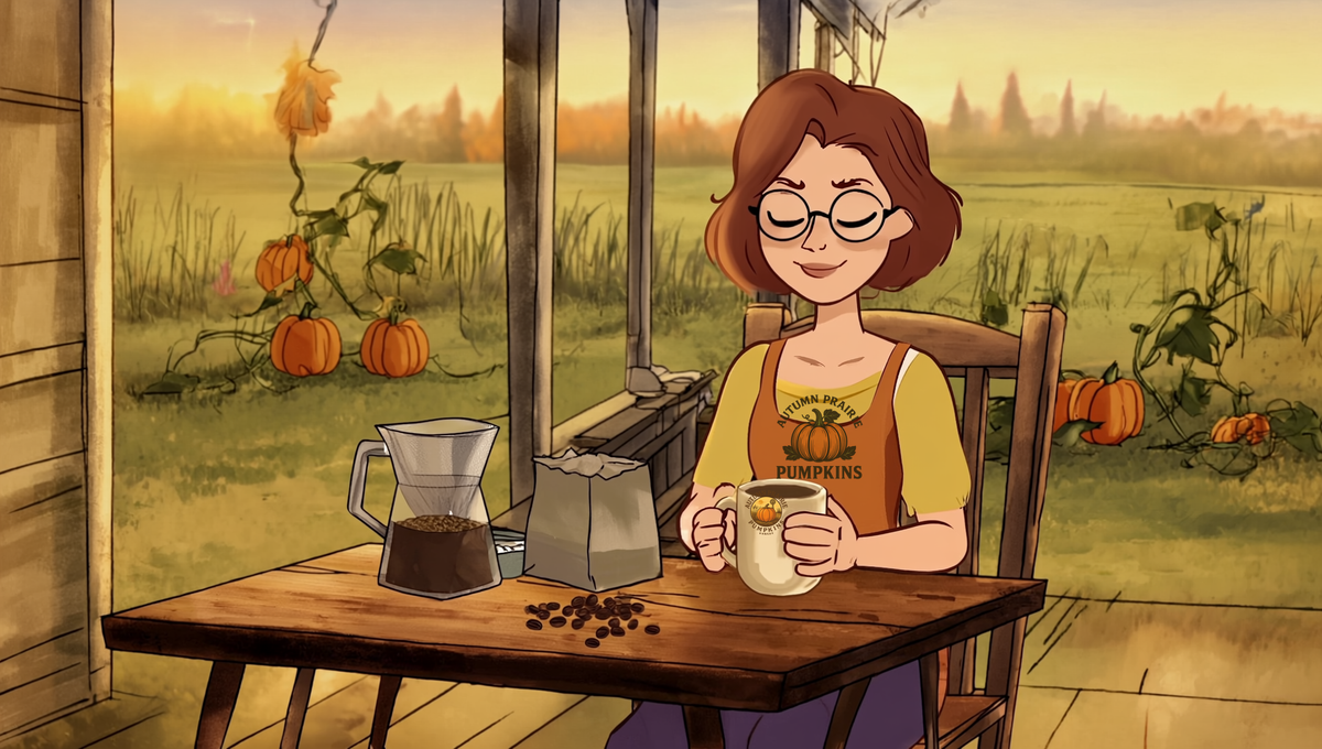 Gardener with a plain ceramic mug of coffee on a Kansas porch at sunrise, pour over carafe and pumpkin patch behind her