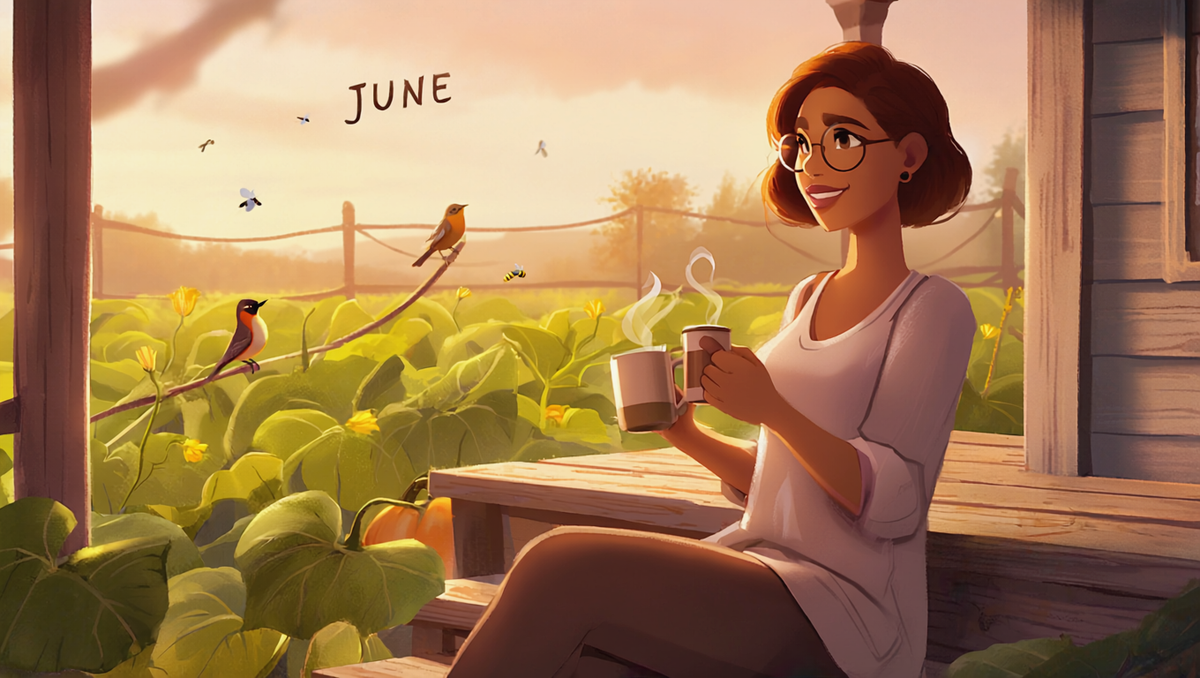 Illustration of a Kansas gardener with auburn hair and round glasses sipping coffee on a porch step overlooking a green June pumpkin patch during National Garden Week