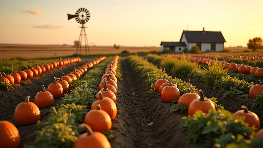 Kansas homestead garden with pumpkin rows and windmill at golden hour - Autumn Prairie Pumpkins
