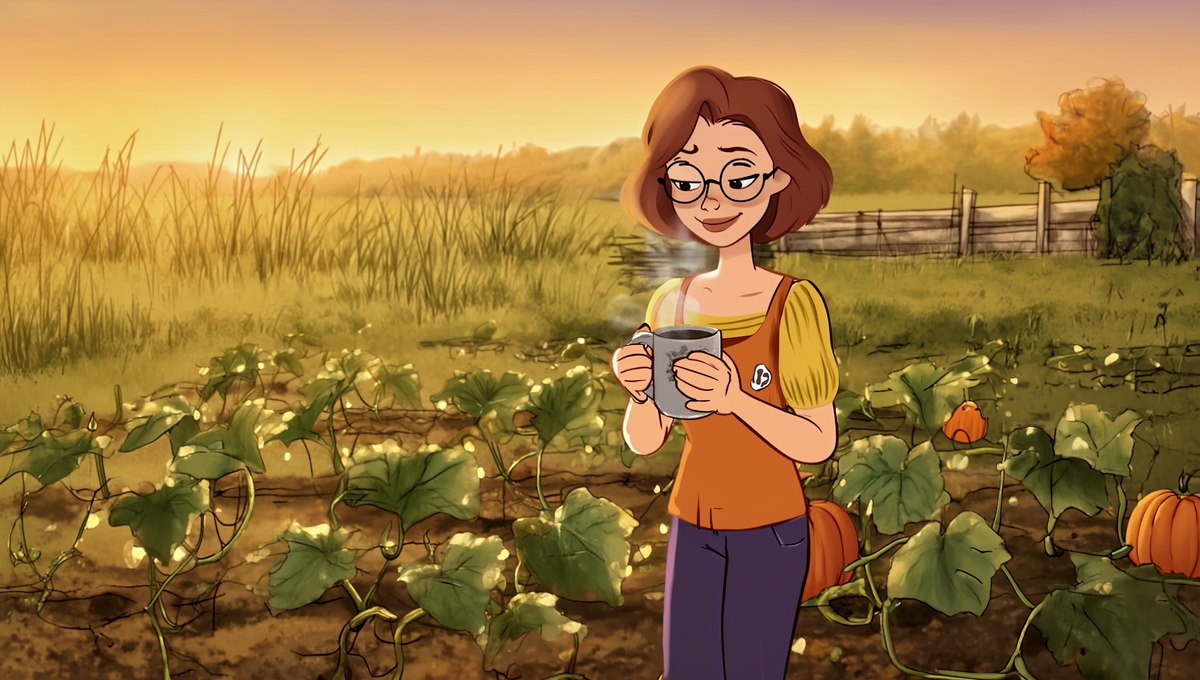 Gardener holding a steaming mug of coffee at sunrise while checking pumpkin vines during vine borer season in Kansas