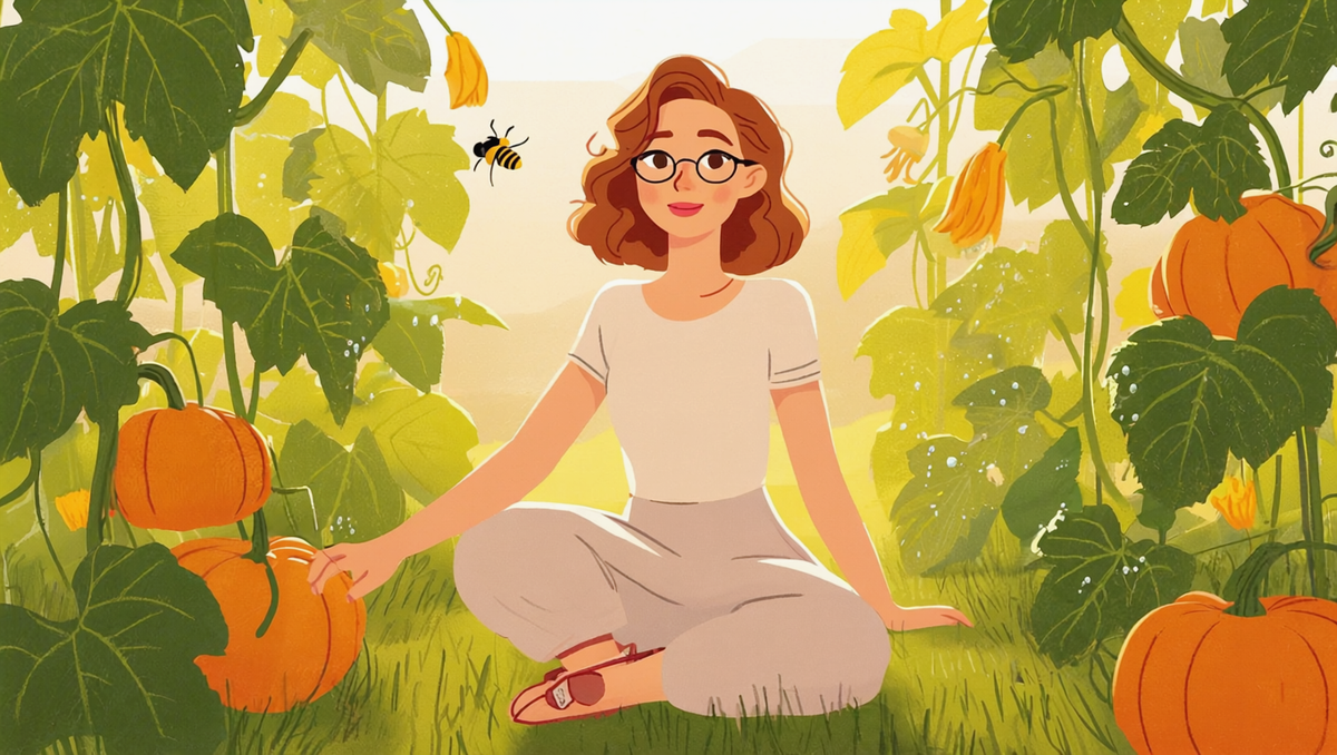 Woman kneeling beside blooming pumpkin vines with a bee on an open orange blossom, Kansas garden, morning light