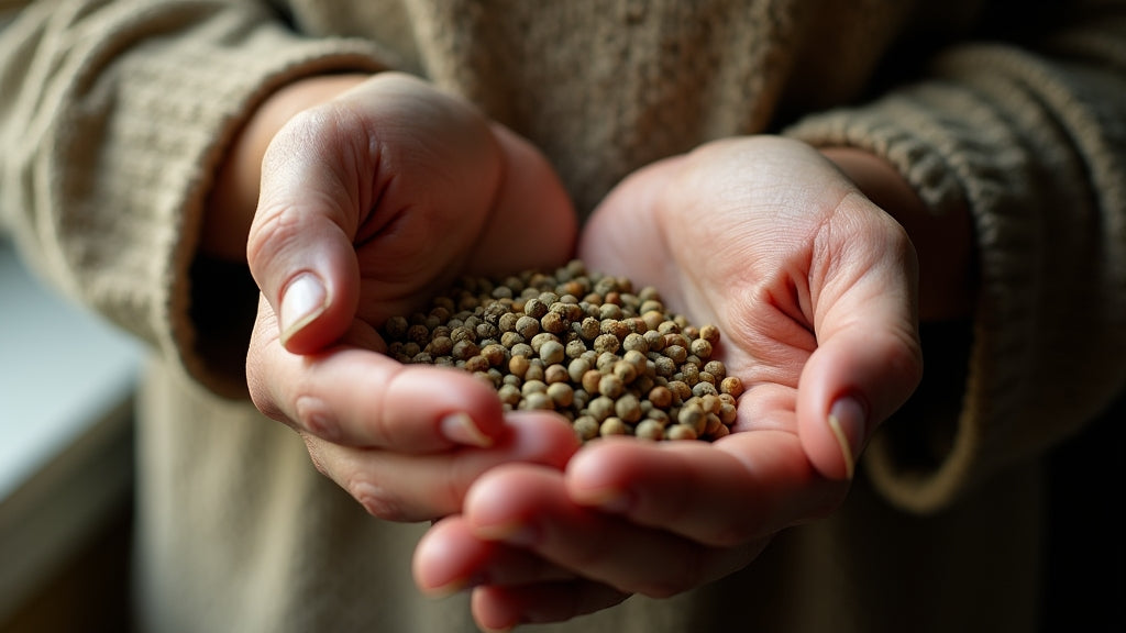 Hands holding heirloom seeds passing down heritage - Autumn Prairie Pumpkins