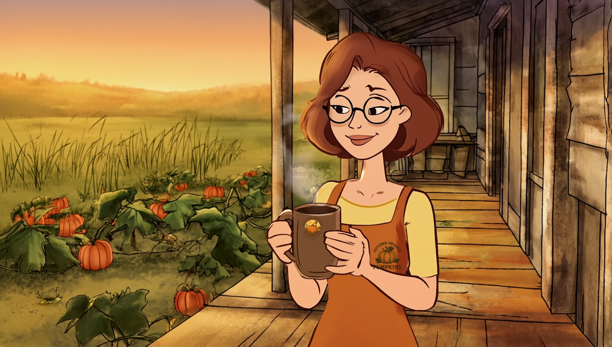 Kansas gardener holding a mug of decaf coffee on a farmhouse porch at golden hour overlooking a pumpkin patch