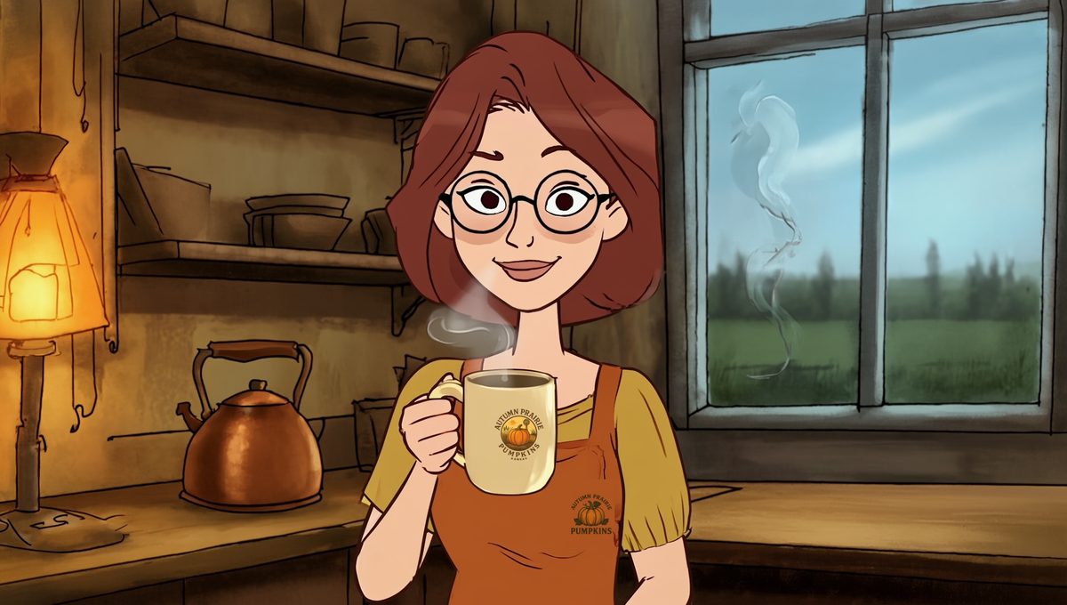 Maggie holds a steaming mug of coffee in a Kansas farmhouse kitchen at dawn, a copper kettle on the counter behind her