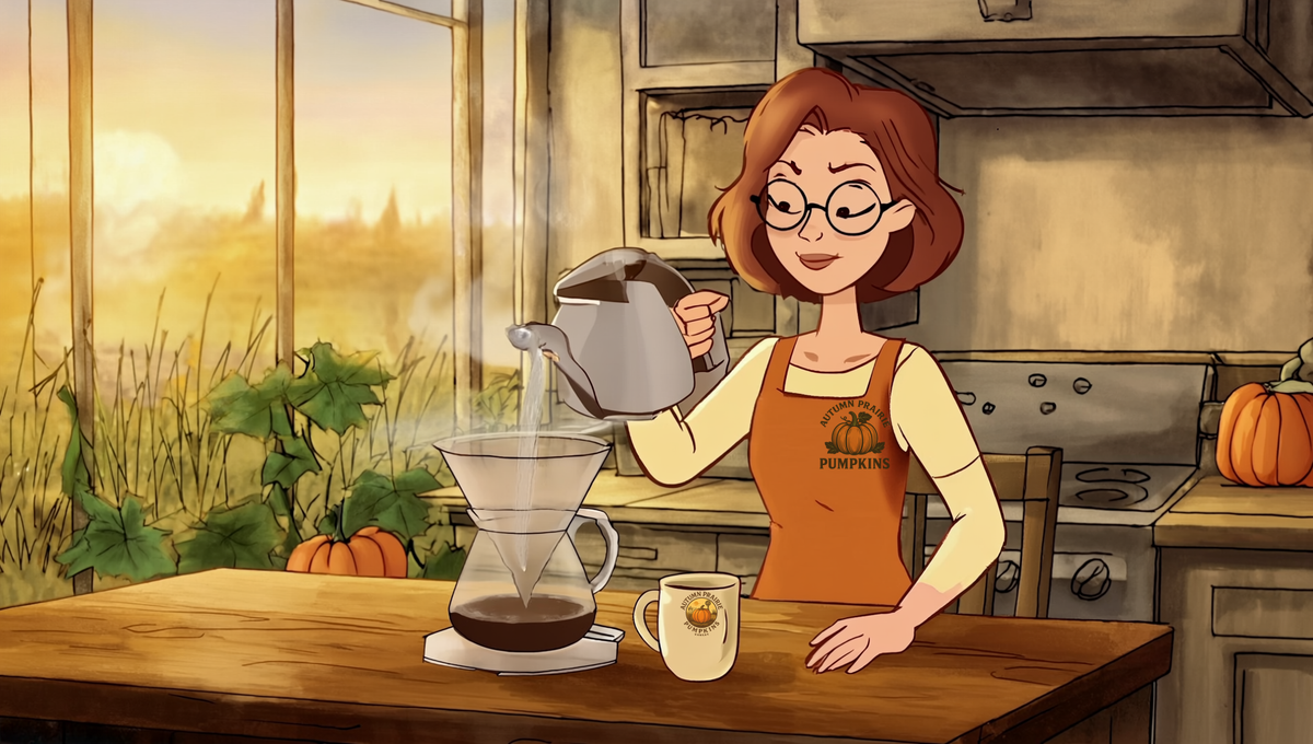 Illustrated Kansas kitchen morning, pouring water over a pour over cone with pumpkin vines outside the window