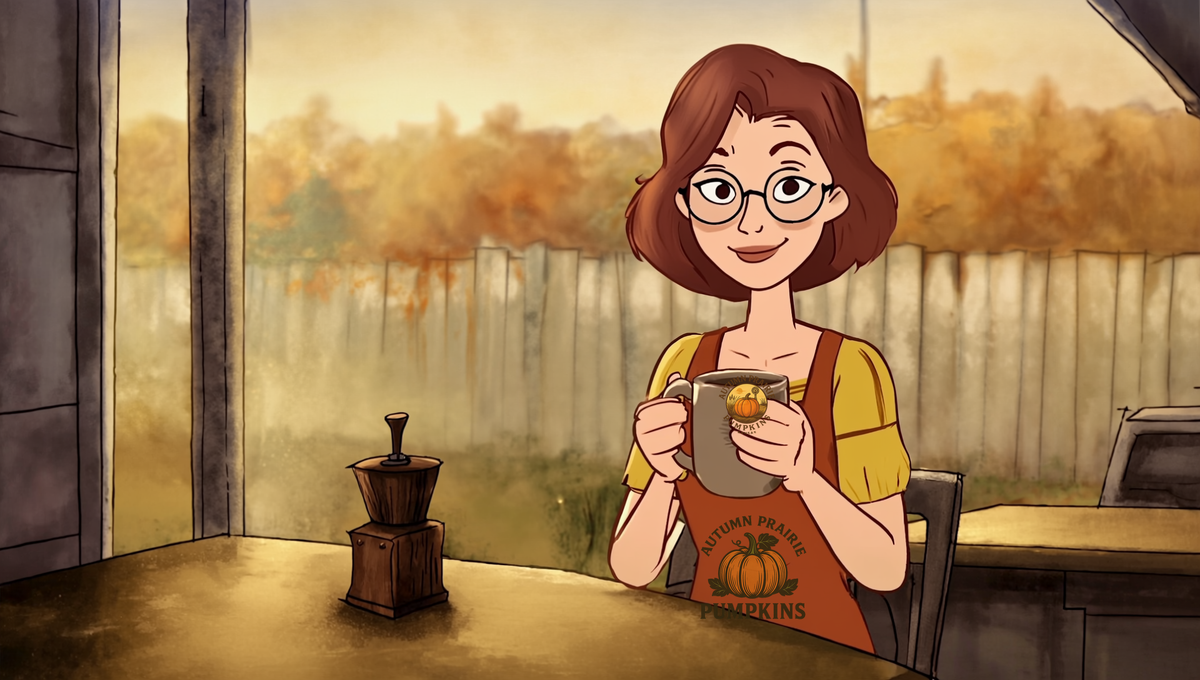 Maggie holding a mug of coffee beside a hand-crank burr grinder on a farmhouse kitchen counter, autumn morning light
