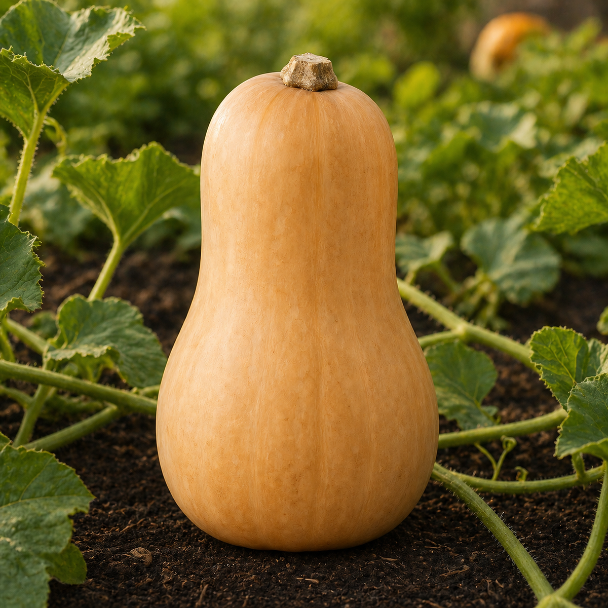 Ripe butternut squash standing in a garden with green vines and dark soil - Kansas growing guide