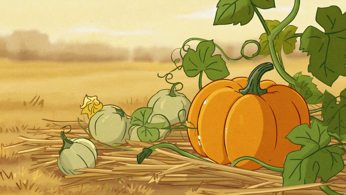 Small pale green immature pumpkins fallen on straw beneath vine leaves in a September Kansas pumpkin patch at sunrise