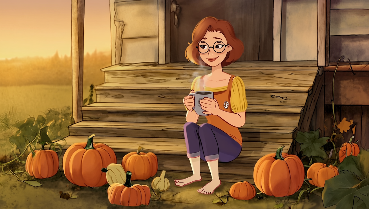 Maggie the Autumn Prairie Pumpkins gardener on porch steps with a mug of coffee among pumpkins in a Kansas garden