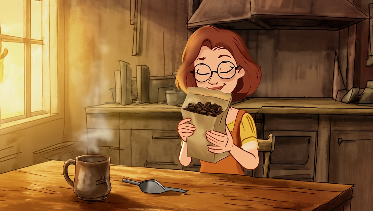 Maggie smelling a fresh bag of small-batch roasted coffee beans in a warm farmhouse kitchen, Autumn Prairie Pumpkins