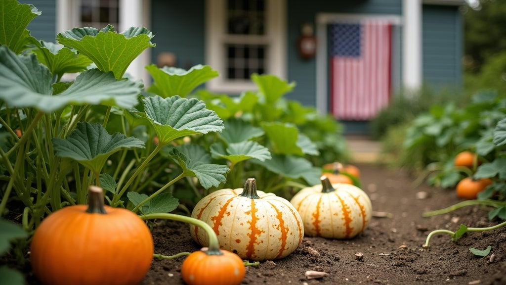 Backyard victory garden with pumpkins and American flag - Autumn Prairie Pumpkins