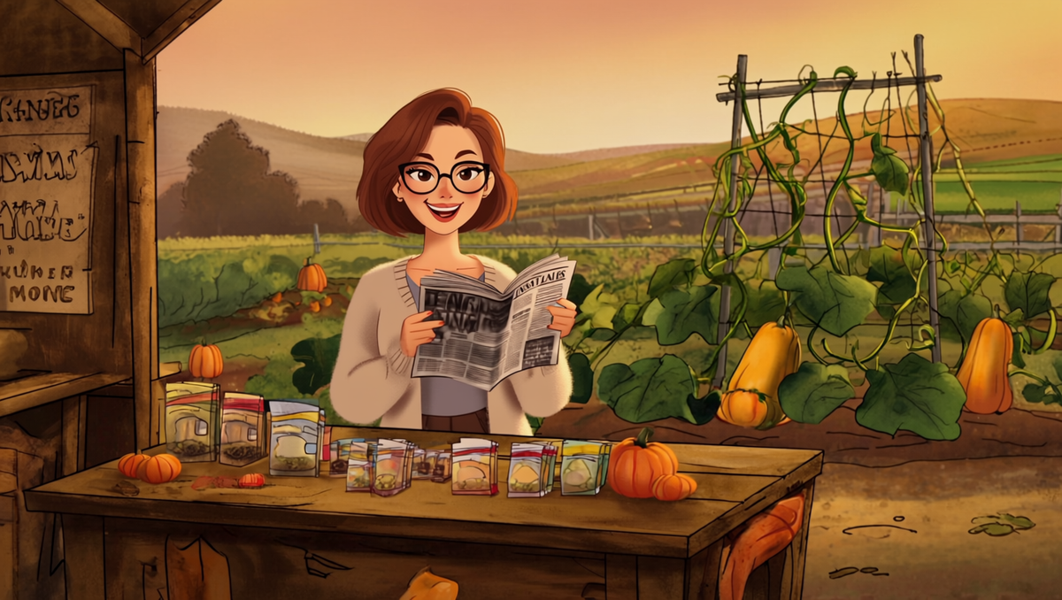 Illustrated farmer reading the Newton Kansan at the Autumn Prairie Pumpkins farmers market stand, pumpkin patch behind her