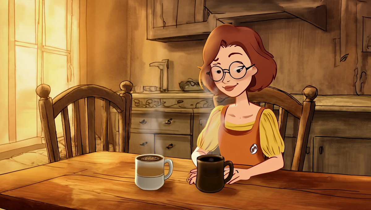 Maggie comparing a light roast and a medium roast coffee at a kitchen table, Autumn Prairie Pumpkins