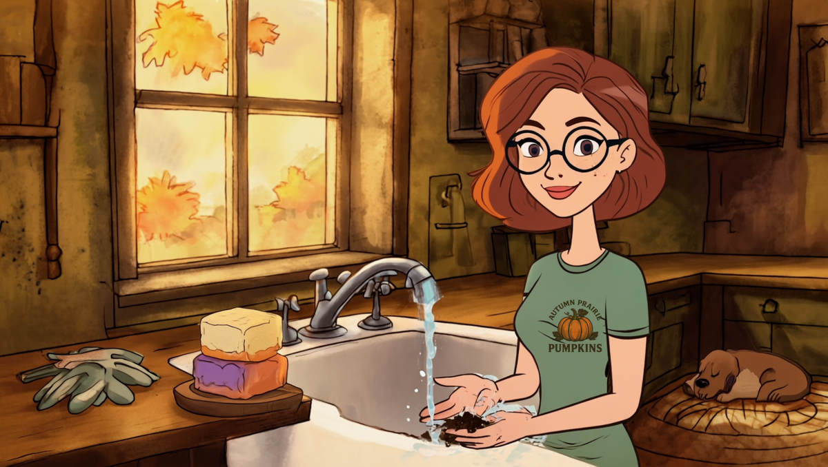 Maggie washing garden soil from her hands at a farmhouse sink beside three handmade cold process soap bars - Autumn Prairie Pumpkins