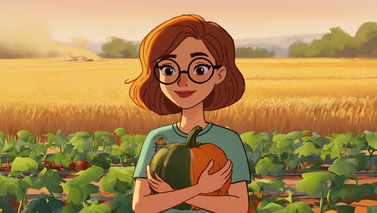 Illustration of a Kansas gardener cradling a pumpkin that is half green and half ripening orange in a prairie garden row